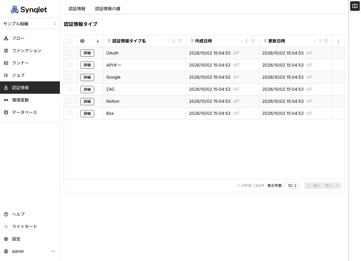 認証情報タイプの一覧（APIキー / OAuth / Google / Notion / Box / ZAC）